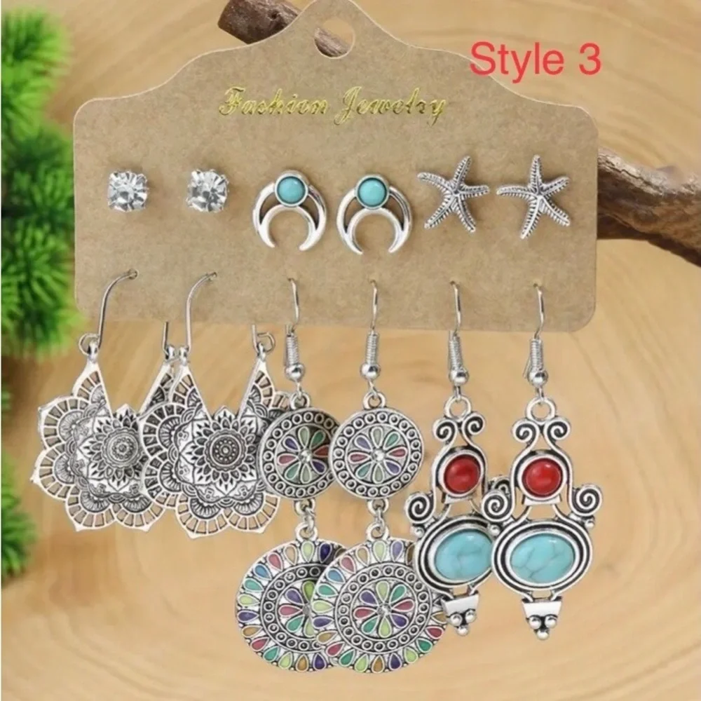 NWOT 6-Pairs Fashion Boho Bronze Silver Beaded Metal Dangle & Stud Earring Set